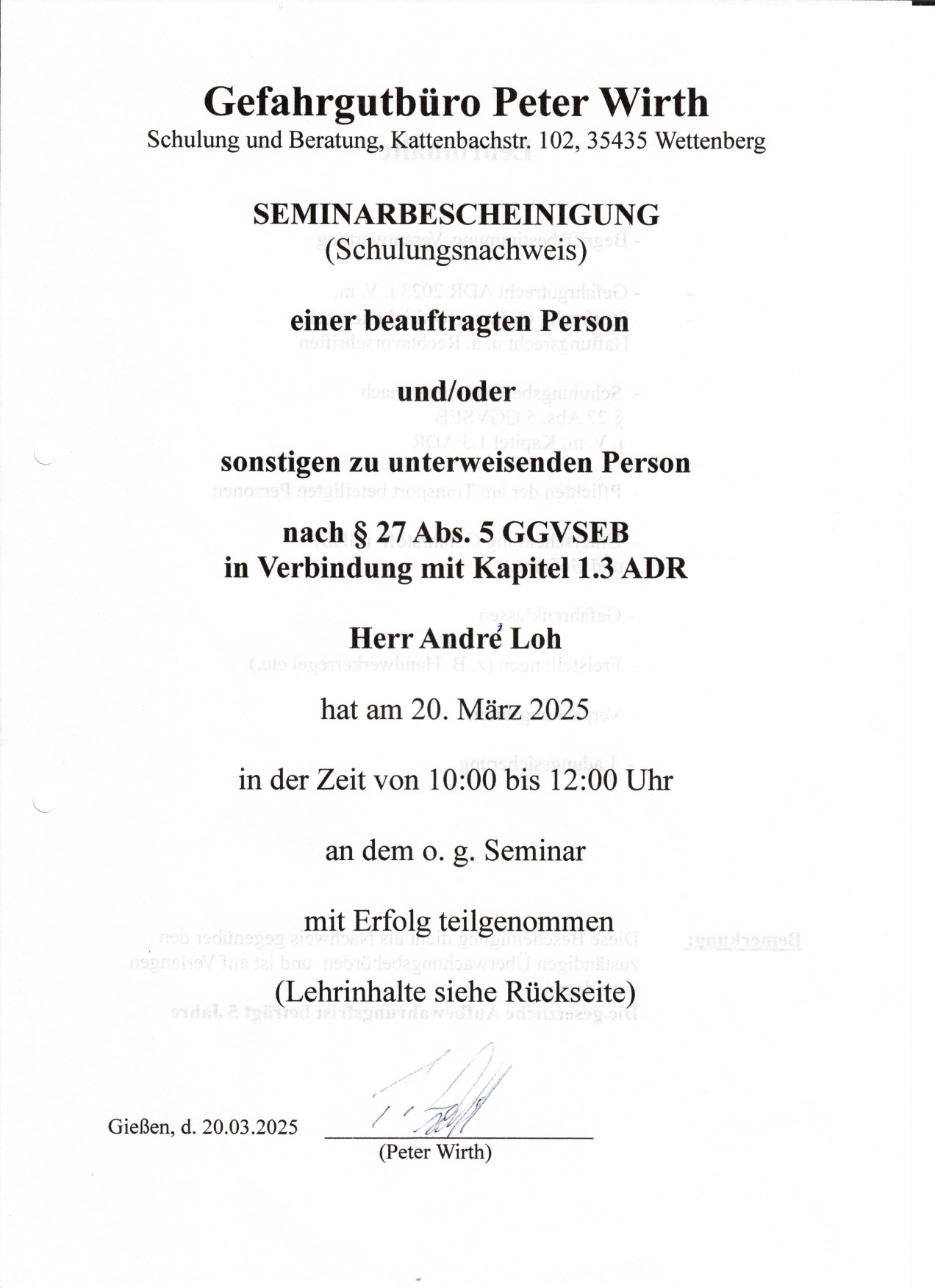 Andre Loh ADR Zertifikat