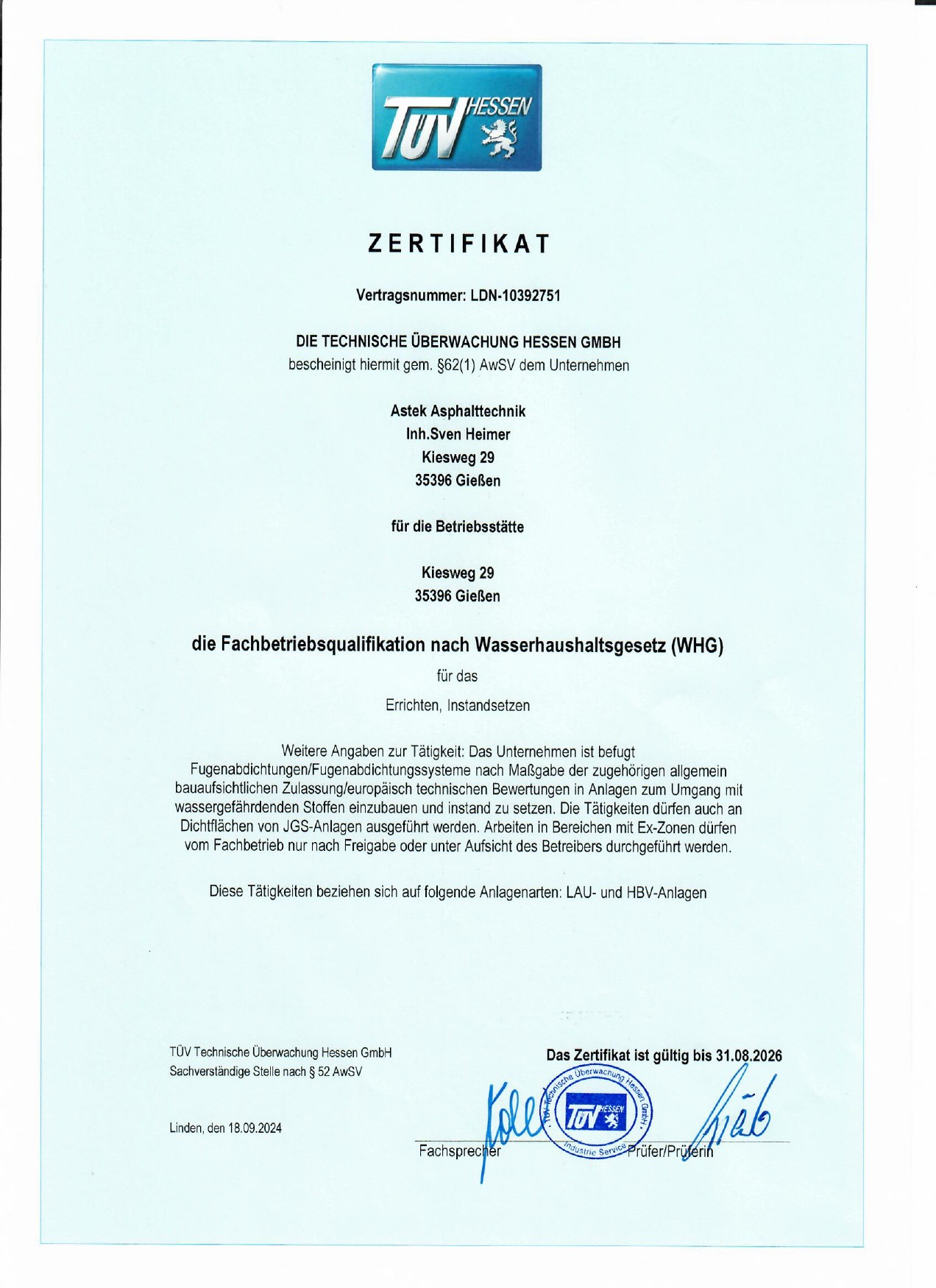 Astek Zertifikat WHG Fachbetrieb